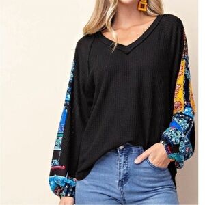 KORI Wunderlust Long sleeve Waffle Thermal Boho Top Large